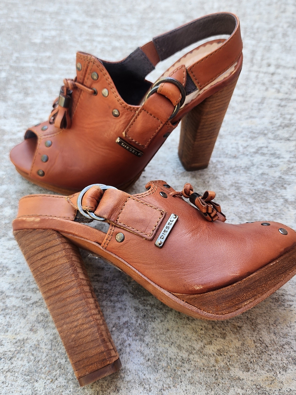 Diesel Cuir Desir D'Aly Brown Leather Peep Toe Slingback Heeled Mules, Sz 36 / 6